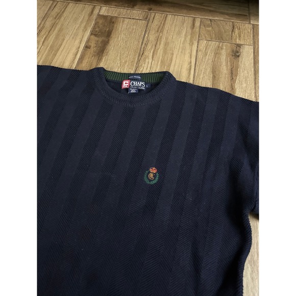 Vtg 90s Chaps Ralph Lauren Sweater Large Navy Crewneck Cotton Herringbone Knit - Picture 10 of 10